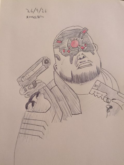 Pen drawing of a Maelstrom gang member from Cyberpunk 2077 with red cybernetic eye implants, holding two pistols