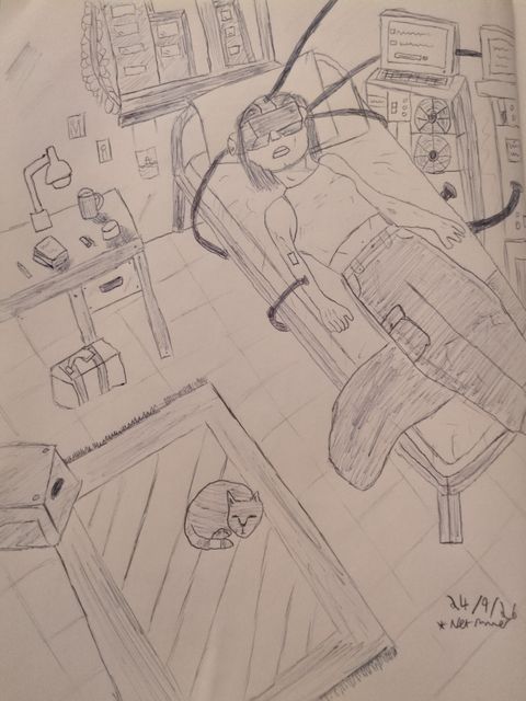 Pencil drawing of a person reclining in a chair with a visor, computer equipment and a sleeping cat
