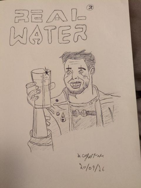 A hand-drawn Real Water advert from Cyberpunk 2077, showing a man holding a glass