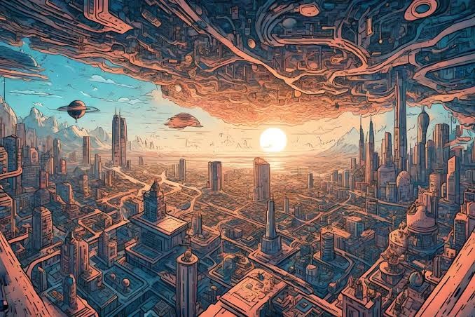 A futuristic city beneath a vast mechanical structure
