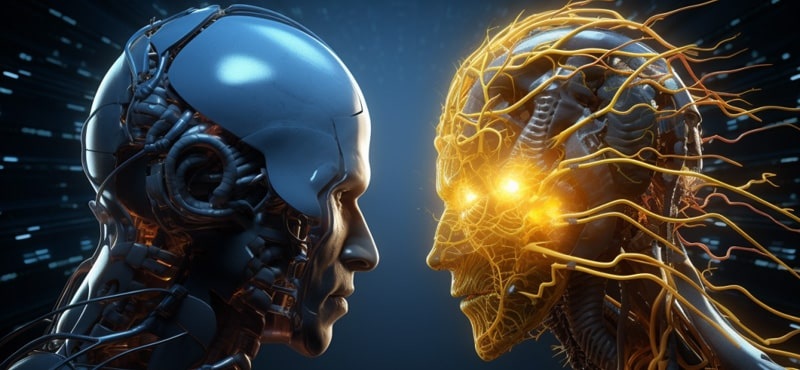 A robot and a human face opposite one another