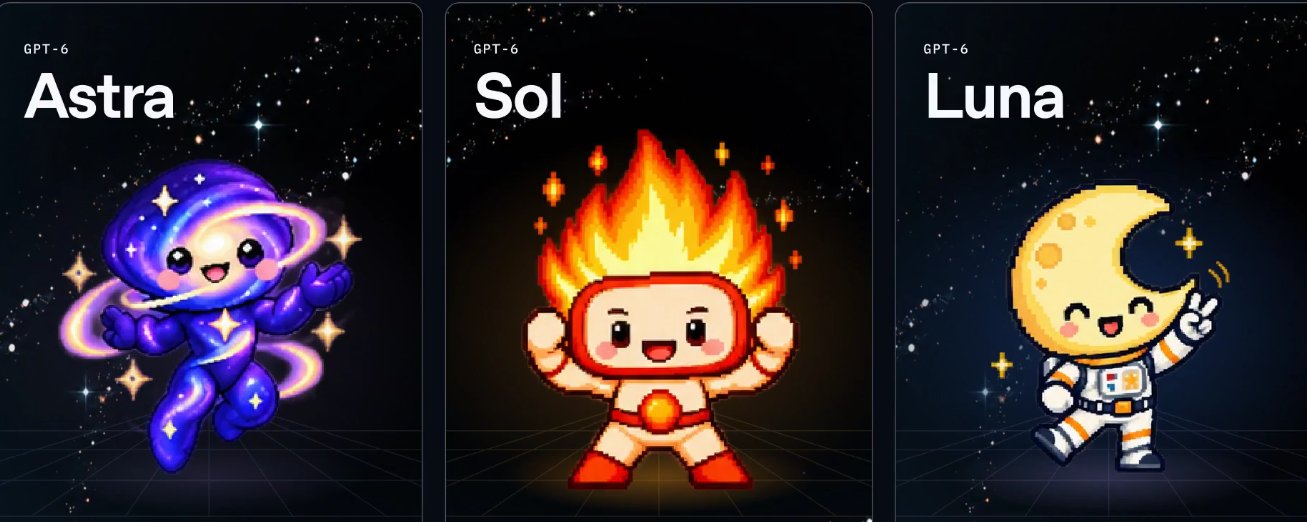 Illustrated GPT-6 Astra, Sol and Luna characters