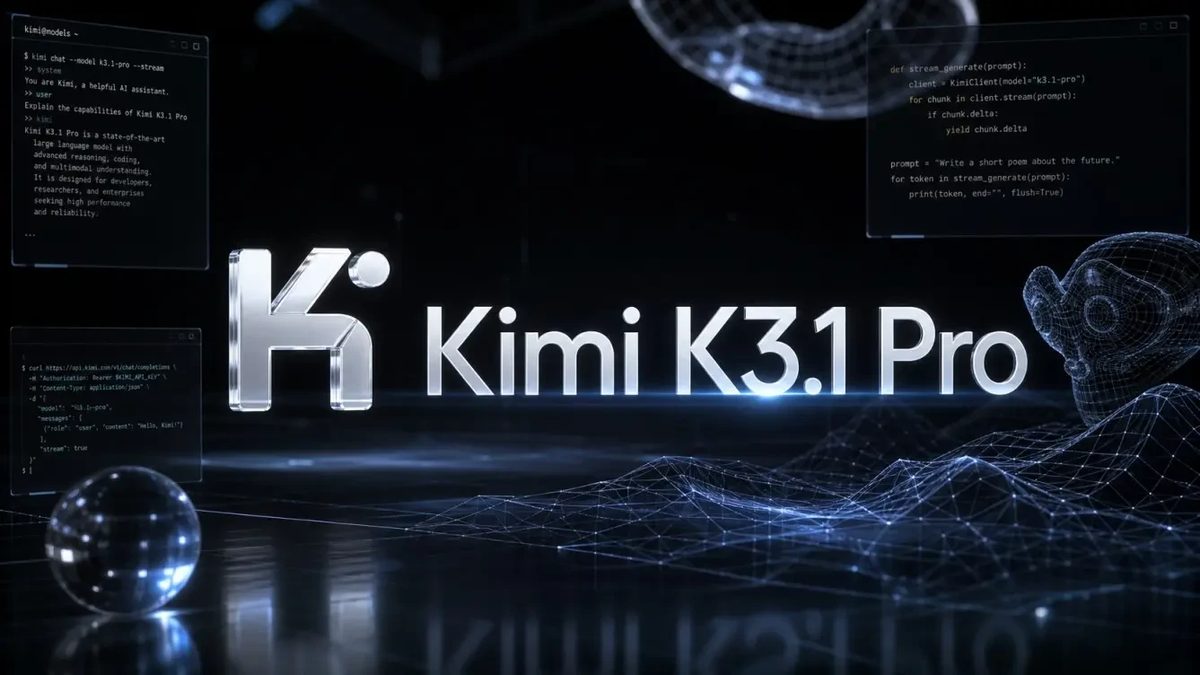 Kimi K3.1 Pro logo in glowing silver on a dark background, surrounded by code windows and a wireframe landscape