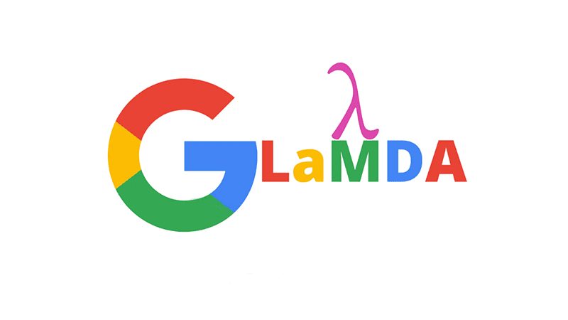 Google G logo beside colourful LaMDA lettering with a lambda symbol