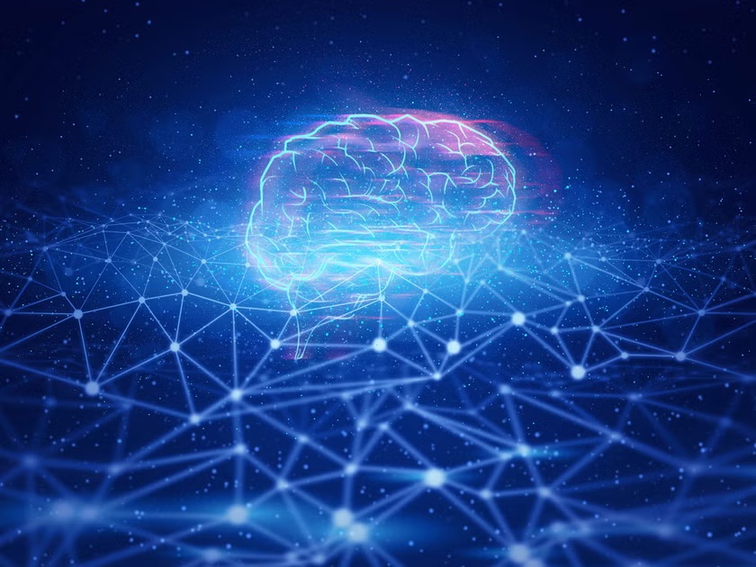A glowing digital brain above a network of connections
