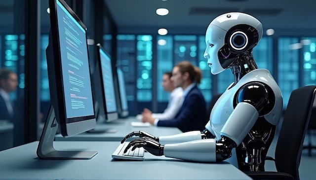 A robot working at a computer in an office while people sit behind it