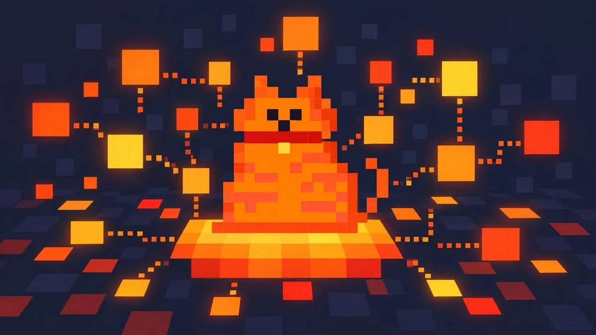 Pixel-art orange cat with a red collar on a glowing platform, surrounded by connected orange and yellow squares