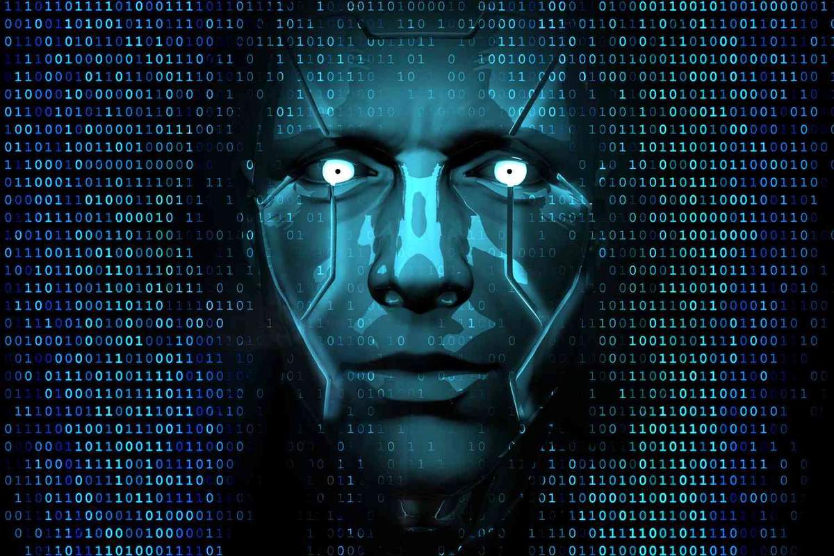 A glowing cyborg face surrounded by streams of binary code