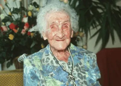 Jeanne Calment wearing a blue patterned blouse